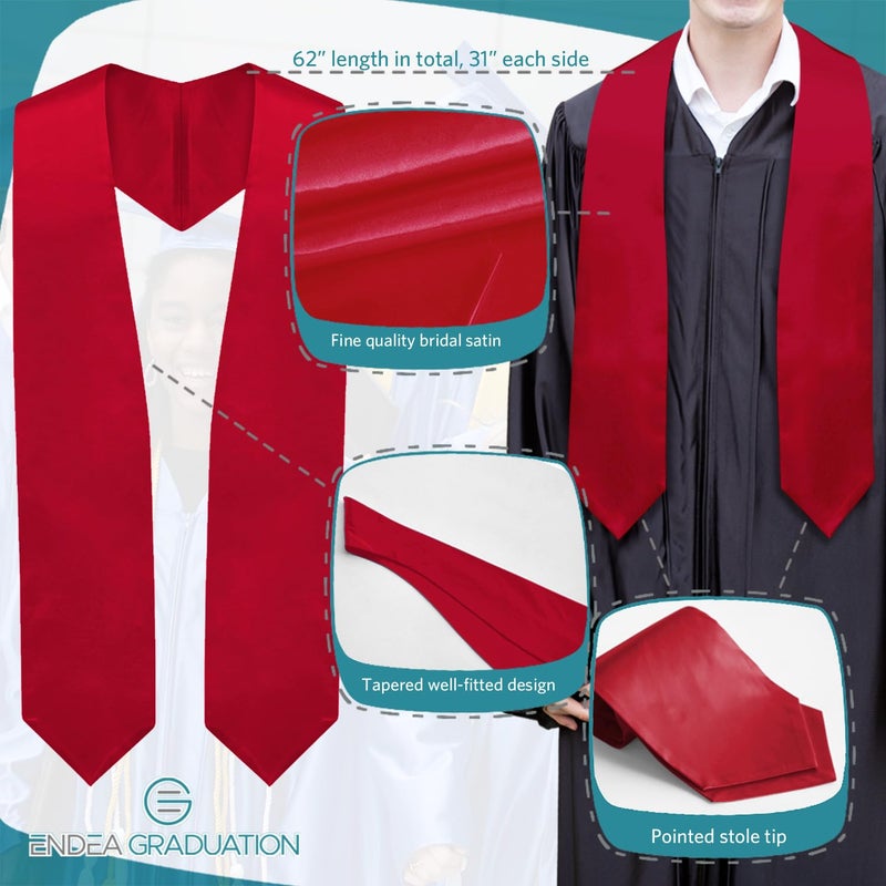 Endea Graduation Endea Red Graduation Stole - Plain Color, Unisex, 62" Graduation Sash (Red) - Image 3